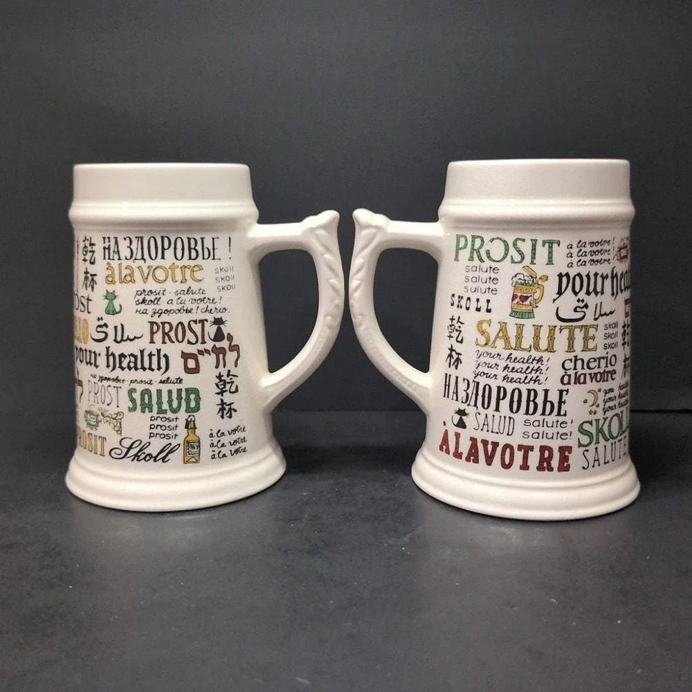 Cheers Around The World Ceramic Steins, Set of 2, Vintage Beer‎ Mugs, Barware